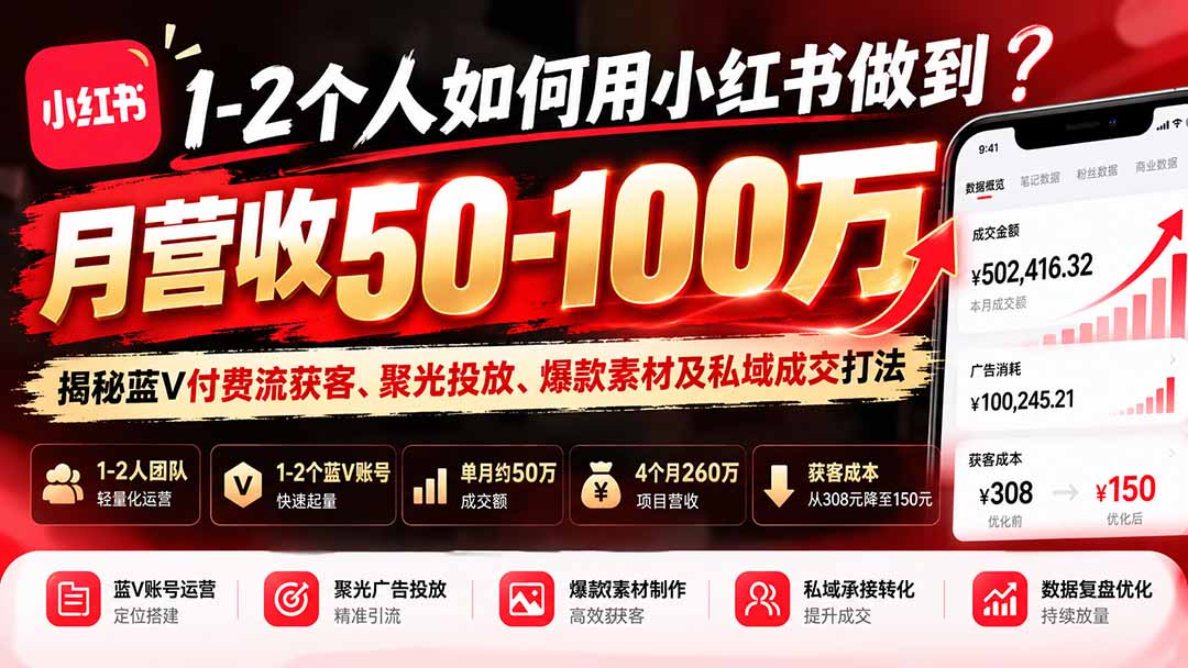 （20939期）1-2个人如何用小红书做到月营收50-100万？揭秘蓝V付费流获客、聚光投放、爆款素材及私域成交打法-翌晨科技网