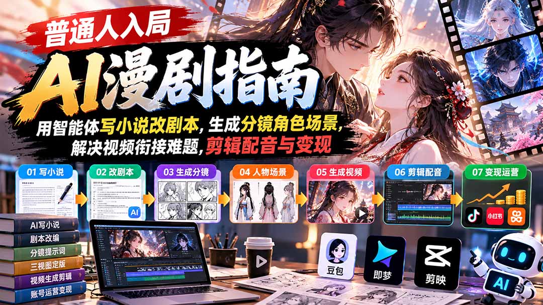 （21033期）【无水印】普通人入局AI漫剧指南：用智能体写小说改剧本，生成分镜角色场景，解决视频衔接难题，剪辑配音与变现-翌晨科技网