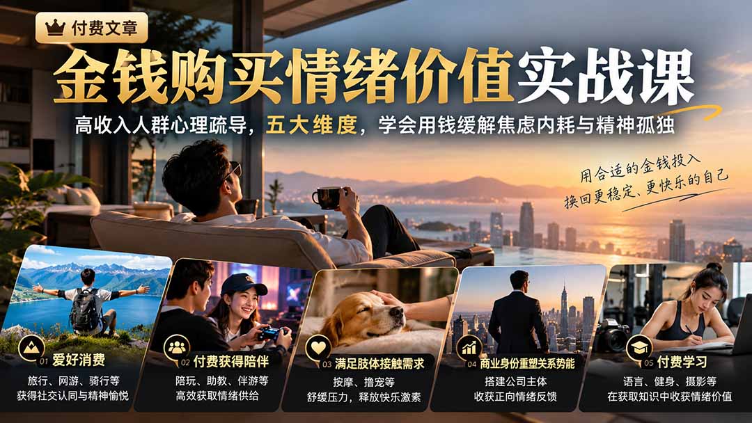 （20941期）付费文章：金钱购买情绪价值实战课｜高收入人群心理疏导，五大维度，学会用钱缓解焦虑内耗与精神孤独-翌晨科技网