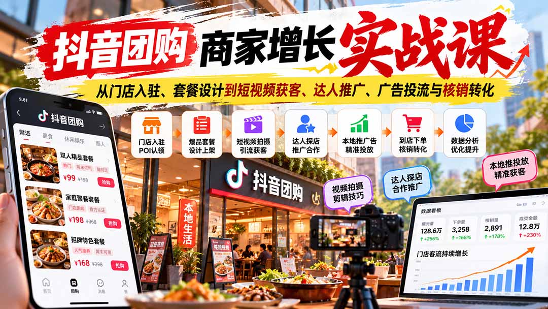 （20813期）抖音团购商家增长实战课：从门店入驻、套餐设计到短视频获客、达人推广、广告投流与核销转化-翌晨科技网