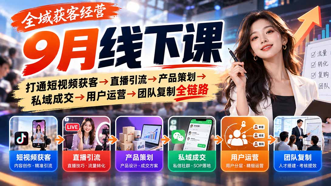 （20777期）全域获客经营9月线下课：打通短视频获客→直播引流→产品策划→私域成交→用户运营→团队复制全链路-翌晨科技网