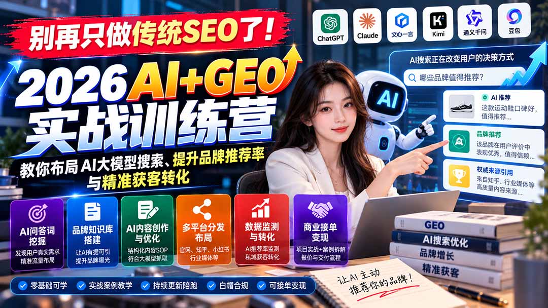 （21191期）别再只做传统SEO了！《2026AI+GEO实战训练营》教你布局AI大模型搜索、提升品牌推荐率与精准获客转化-翌晨科技网
