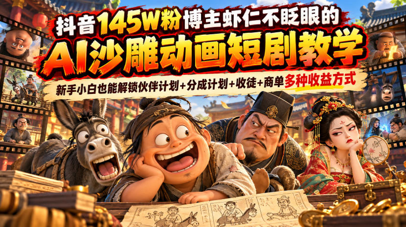 抖音145W粉博主虾仁不眨眼的AI沙雕动画短剧教学，新手小白也能解锁伙伴计划+分成计划+收徒+商单多种收益方式-翌晨科技网