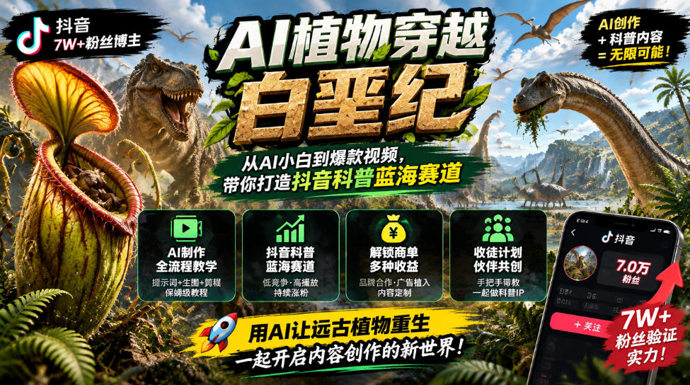 抖音7W粉丝博主的AI植物穿越白垩纪教学，抖音科普蓝海赛道，解锁商单收徒伙伴计划等多种收益-翌晨科技网