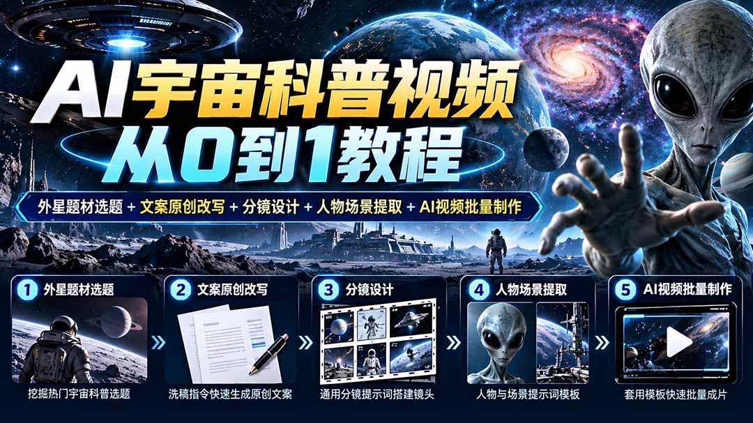 （20774期）AI宇宙科普视频从0到1教程｜外星题材选题+文案原创改写+分镜设计+人物场景提取+AI视频批量制作-翌晨科技网