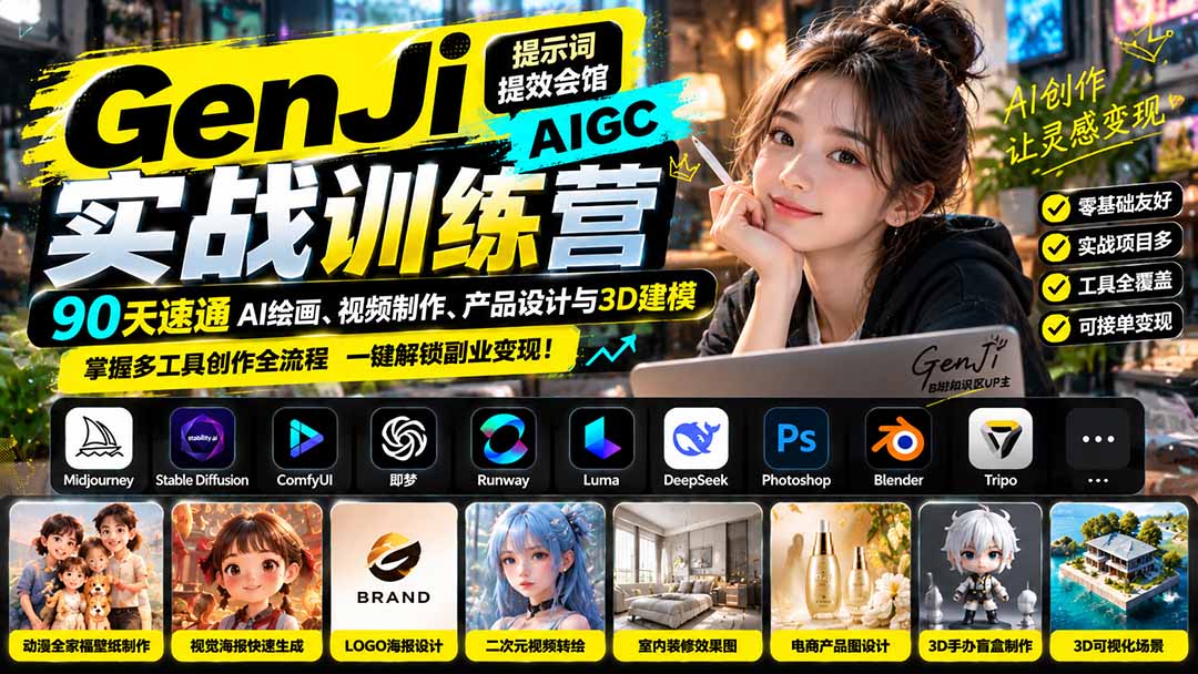 （21192期）GenJi AIGC实战训练营：90天速通AI绘画、视频制作、产品设计与3D建模，掌握多工具创作全流程-翌晨科技网