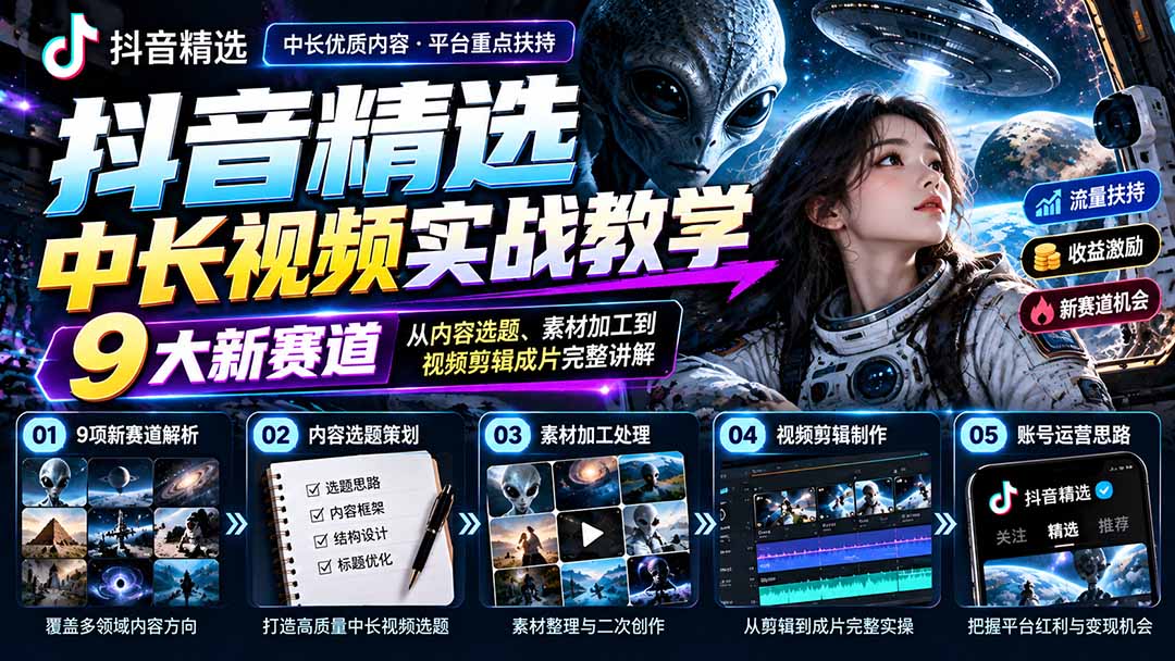 （20775期）抖音精选中长视频实战教学：拆解9项细分赛道，从内容选题、素材加工到视频剪辑成片完整讲解-翌晨科技网