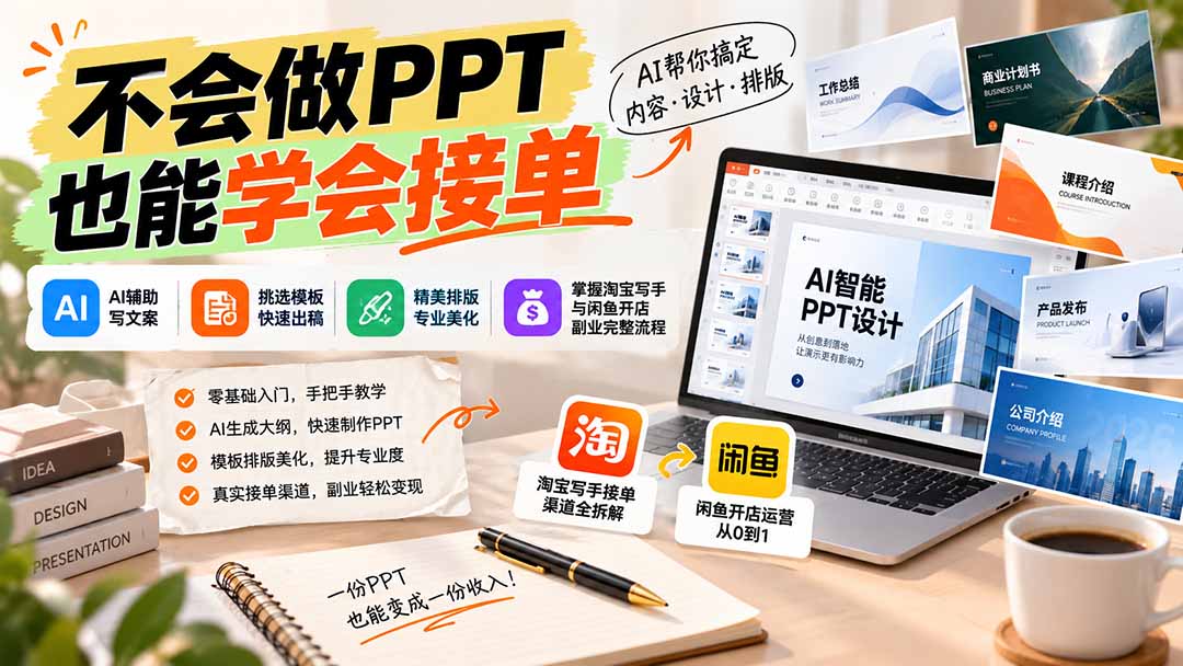 （20945期）不会做PPT也能学会接单：AI辅助写文案、挑模板、做排版，掌握淘宝写手与闲鱼开店副业完整流程-翌晨科技网