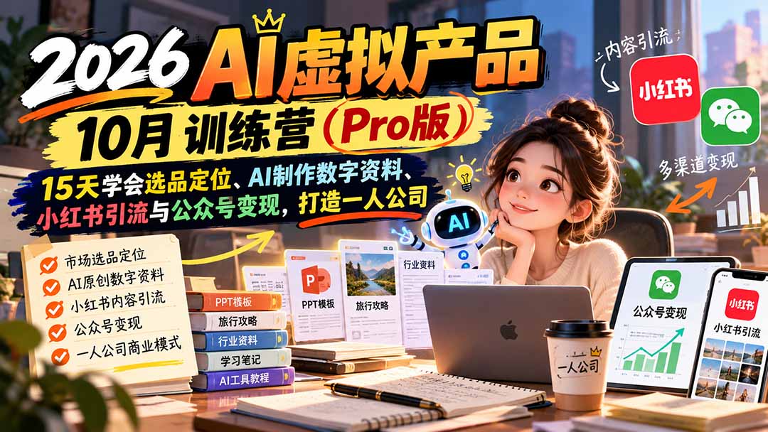 （21054期）2026AI虚拟产品10月训练营（Pro版）：15天学会选品定位、AI制作数字资料、小红书引流与公众号变现，打造一人公司-翌晨科技网