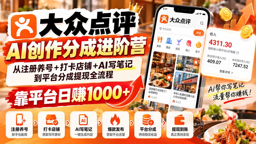 （20759期）大众点评AI创作分成进阶营：从注册养号+打卡店铺+AI写笔记到平台分成提现全流程，靠平台日赚1000+-翌晨科技网