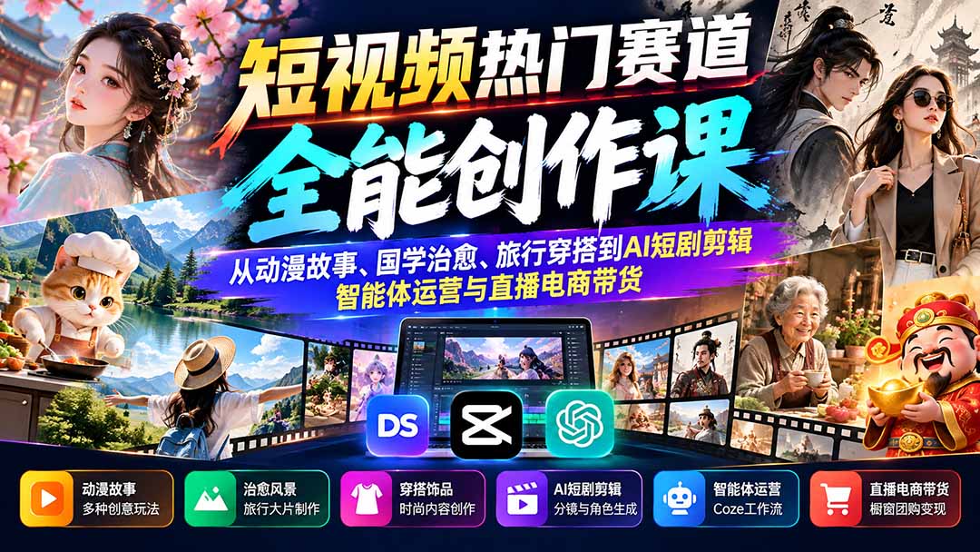 （20956期）短视频热门赛道全能创作课：从动漫故事、国学治愈、旅行穿搭到AI短剧剪辑、智能体运营与直播电商带货-翌晨科技网