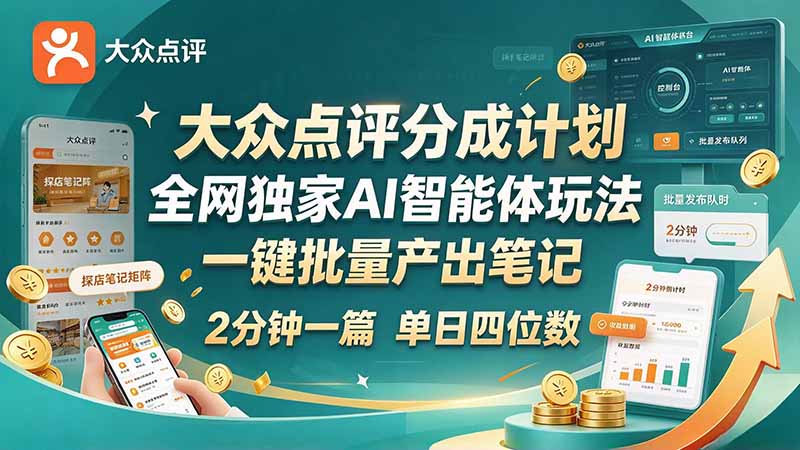 （21055期）最新大众点评分成计划 全网独家 AI 智能体玩法，一键批量产出笔记，2 分钟一篇，新手直接跑出单日四位数-翌晨科技网