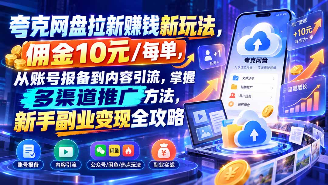 （21108期）夸克网盘拉新赚钱新玩法，佣金10元/每单，从账号报备到内容引流，掌握多渠道推广方法，新手副业变现全攻略-翌晨科技网
