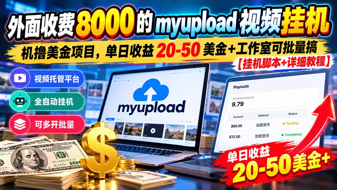 （20948期）外面收费8000的myupload视频挂机撸美金项目，单日收益20-50美金+工作室可批量搞【挂机脚本+详细教程】-翌晨科技网