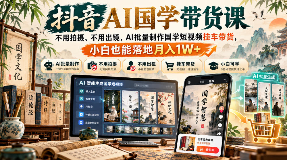 抖音AI国学带货课，不用拍摄、不用出镜，AI批量制作国学短视频挂车带货，小白也能落地月入1W+-翌晨科技网