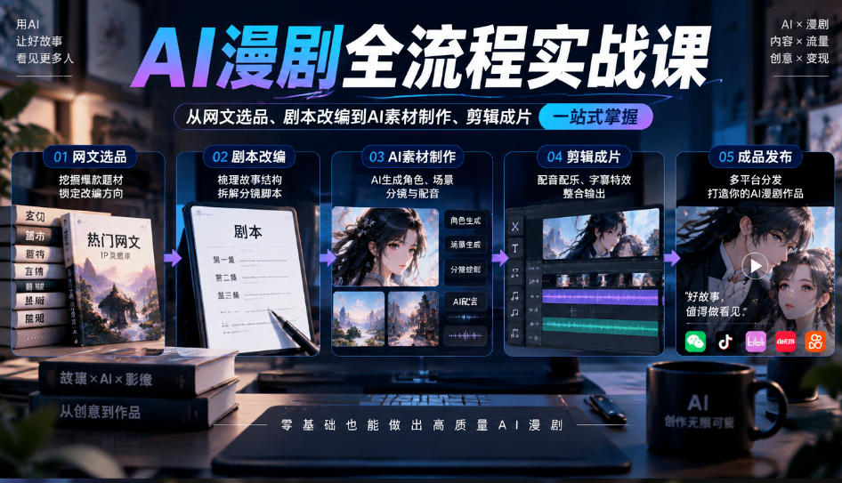 AI漫剧全流程实战课，覆盖从网文选品、剧本改编到AI素材制作、剪辑成片的完整链路-翌晨科技网