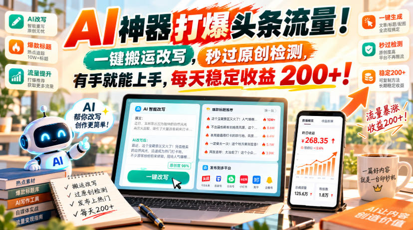 AI神器打爆头条流量，一键搬运改写，秒过原创检测，有手就能上手，每天稳定收益200+！【揭秘】-翌晨科技网