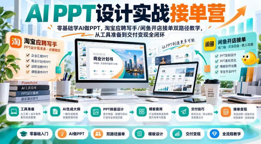AI PPT设计实战接单营｜零基础学AI做PPT，淘宝应聘写手/闲鱼开店接单双路径教学，从工具准备到交付变现全闭环-翌晨科技网