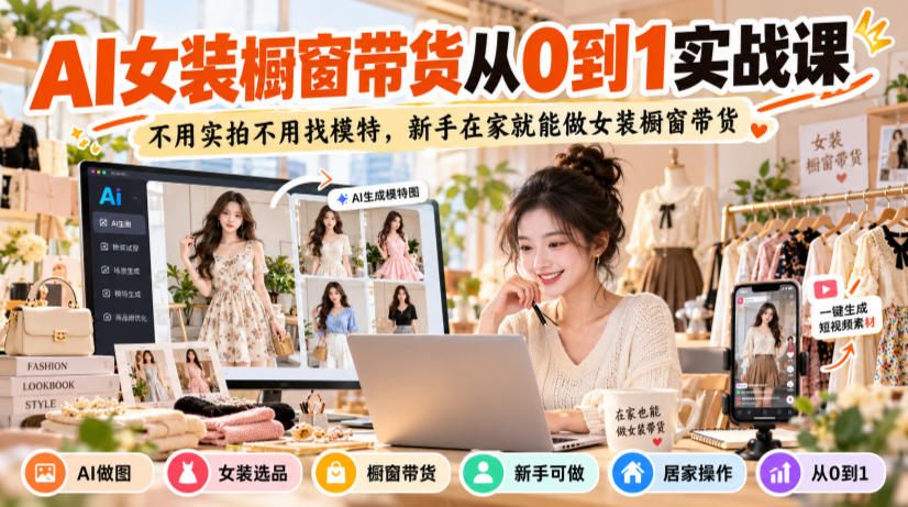 AI女装橱窗带货从0到1实战课，不用实拍不用找模特，新手在家就能做女装橱窗带货-翌晨科技网
