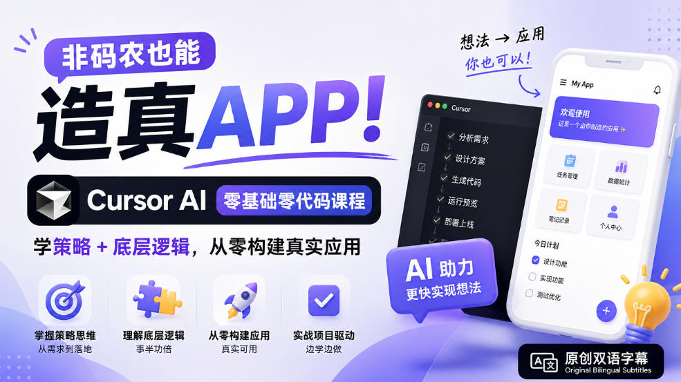 非码农也能造真APP！Cursor AI零基础零代码课程：学策略+底层逻辑，从零构建真实应用【原创双语字幕】-翌晨科技网