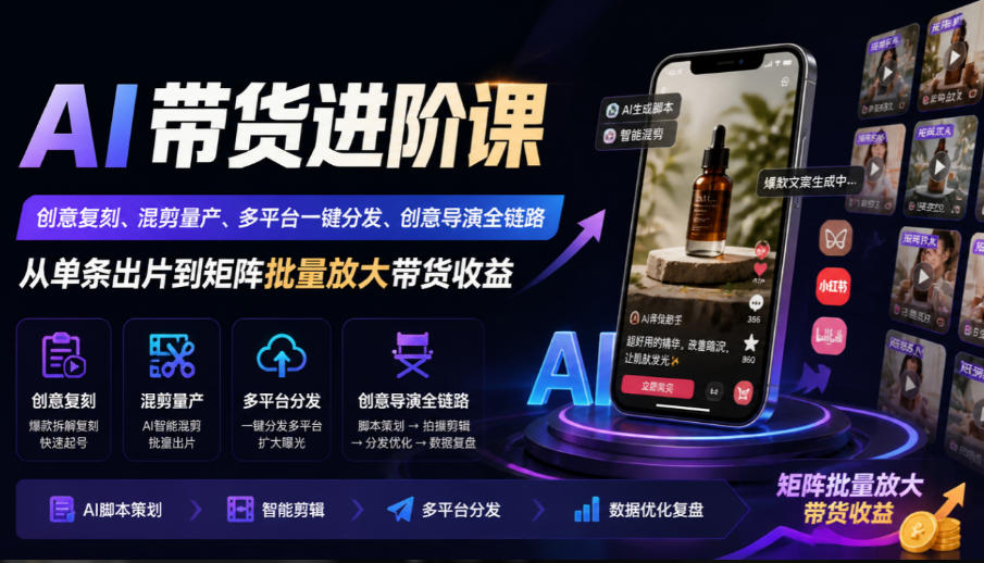 AI带货进阶课｜创意复刻、混剪量产、多平台一键分发、创意导演全链路，从单条出片到矩阵批量放大带货收益-翌晨科技网