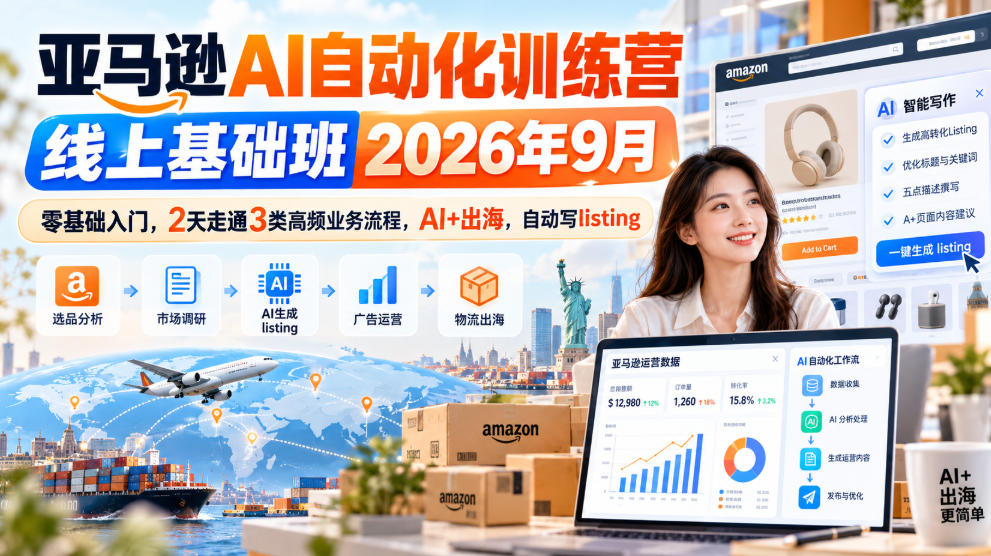 亚马逊AI自动化训练营线上基础班2026年9月，零基础入门，2天走通3类高频业务流程，AI+出海，自动写listing-翌晨科技网