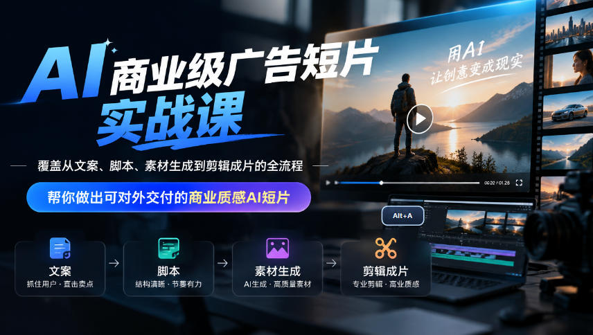AI商业级广告短片实战课，覆盖从文案、脚本、素材生成到剪辑成片的全流程，帮你做出可对外交付的商业质感AI短片-翌晨科技网
