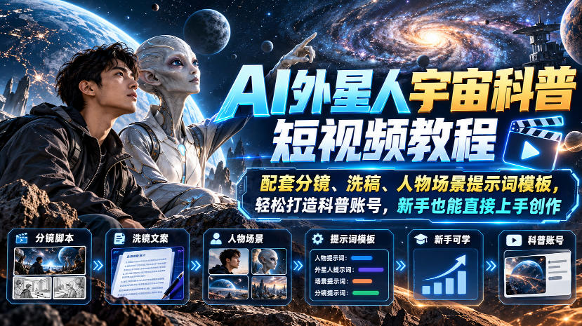 AI外星人宇宙科普短视频教程，配套分镜、洗稿、人物场景提示词模板，轻松打造科普账号，新手也能直接上手创作-翌晨科技网