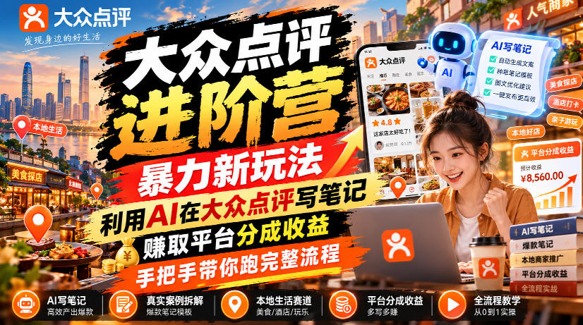 大众点评进阶营，暴力新玩法，利用AI在大众点评写笔记， 賺取平台分成收益，手把手带你跑完整流程-翌晨科技网
