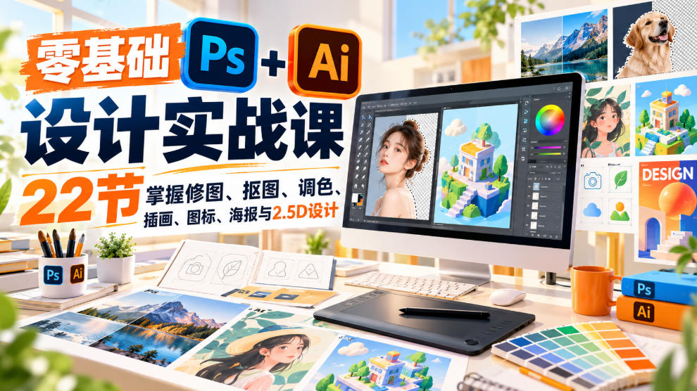 【无水印】零基础PS+AI设计实战课｜22节掌握修图、抠图、调色、插画、图标、海报与2.5D设计-翌晨科技网