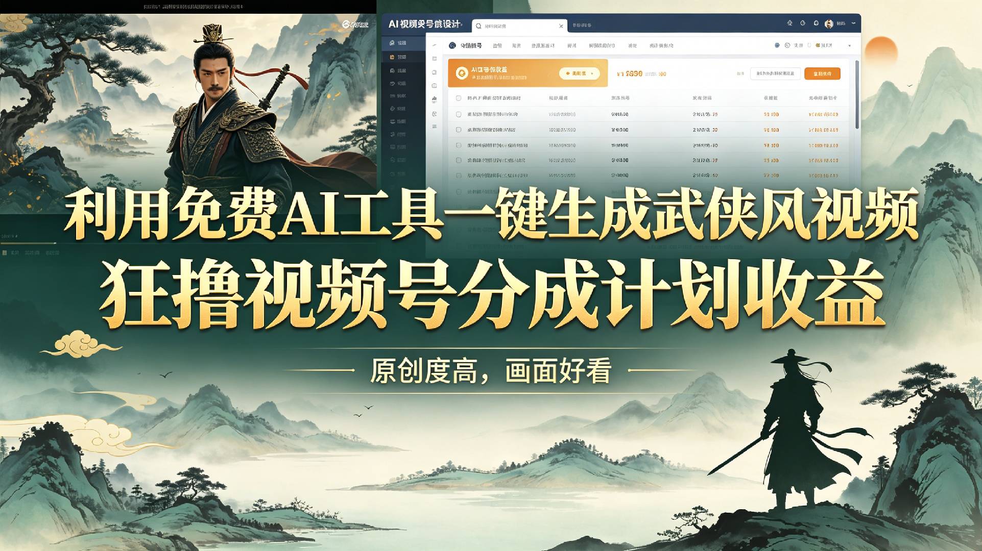 利用免费AI工具一键生成武侠风视频，狂撸视频号分成计划收益，原创度高，画面好看-翌晨科技网