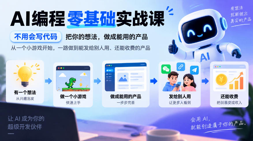 AI编程零基础实战课，不用会写代码，把你的想法，做成能用的产品，从一个小游戏开始，一路做到能发给别人用、还能收费的产品-翌晨科技网