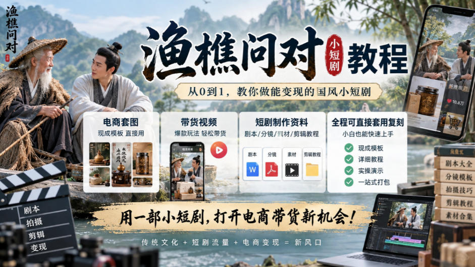 渔樵问对小短剧教程，包含电商套图、带货视频，短剧制作资料，全程可直接套用复刻-翌晨科技网