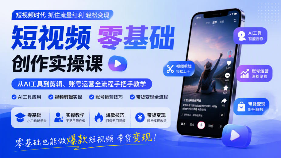 短视频零基础创作实操课，从AI工具到剪辑、账号运营全流程手把手教学，零基础也能做爆款短视频带货变现-翌晨科技网