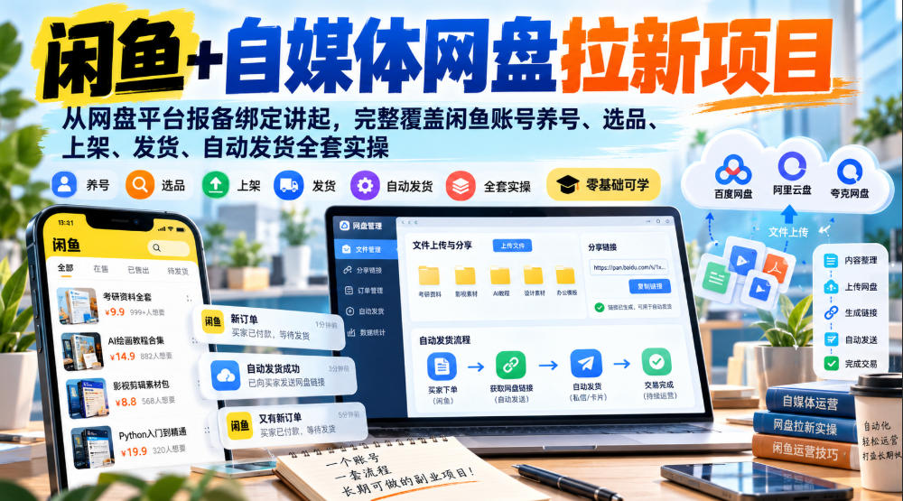 闲鱼+自媒体网盘拉新项目，从网盘平台报备绑定讲起，完整覆盖闲鱼账号养号、选品、上架、发货、自动发货全套实操-翌晨科技网
