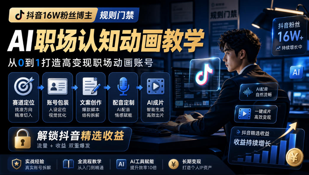抖音16W粉丝博主规则门禁的AI职场认知动画教学，从赛道定位、账号包装，到文案创作、配音定制、AI成片，解锁抖音精选收益-翌晨科技网