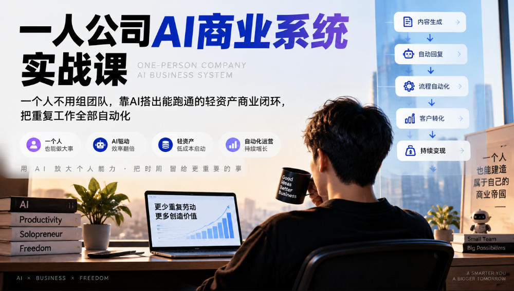 一人公司AI商业系统实战课，一个人不用组团队，靠AI搭出能跑通的轻资产商业闭环，把重复工作全部自动化-翌晨科技网