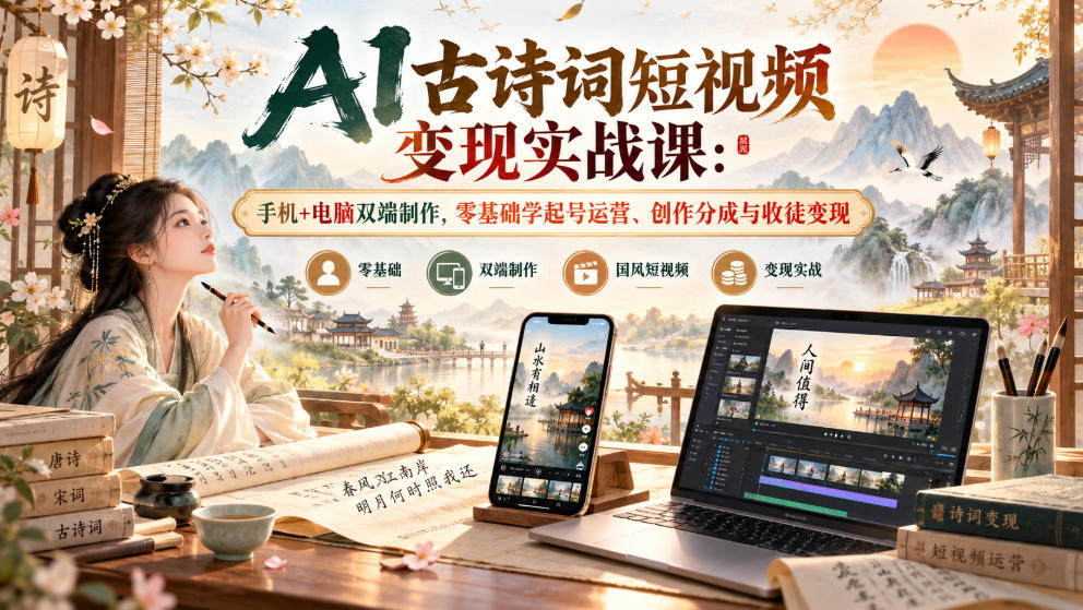AI古诗词短视频变现实战课：手机+电脑双端制作，零基础学起号运营、创作分成与收徒变现-翌晨科技网