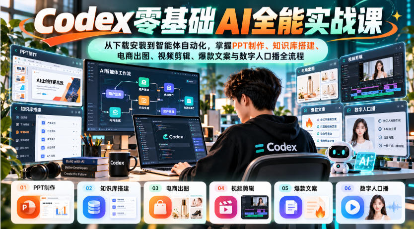 Codex零基础AI全能实战课：从下载安装到智能体自动化，掌握知识库搭建、电商出图、视频剪辑、爆款文案与数字人口播全流程-翌晨科技网