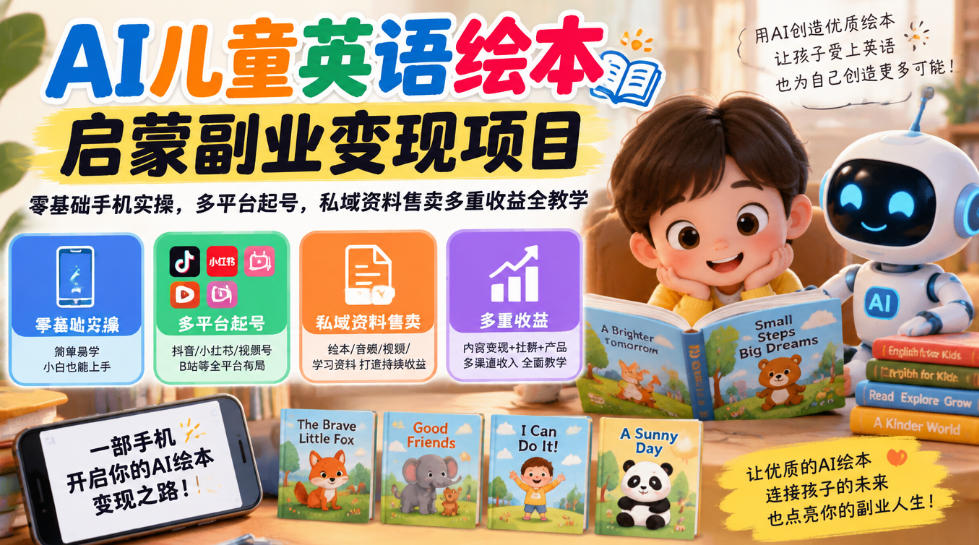 AI儿童英语绘本启蒙副业变现项目，零基础手机实操，多平台起号，私域资料售卖多重收益全教学-翌晨科技网