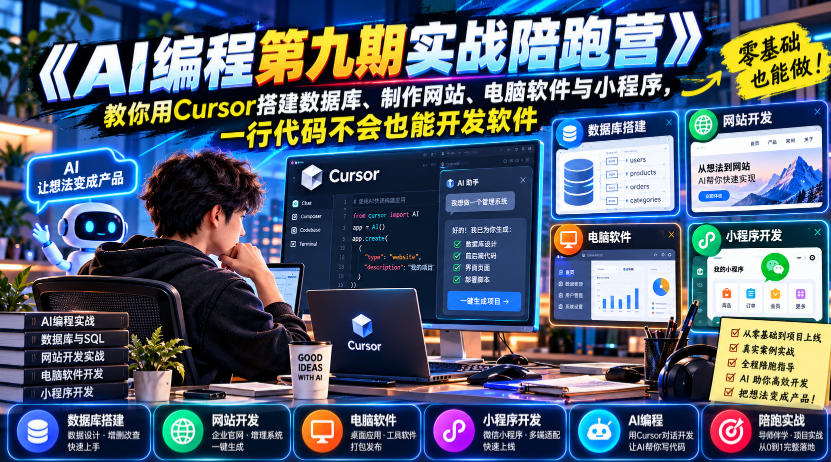 【无水印】《AI编程第九期实战陪跑营》教你用Cursor搭建数据库、制作网站、电脑软件与小程序，一行代码不会也能开发软件-翌晨科技网