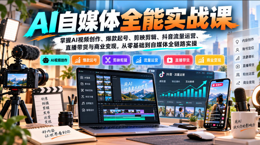 【无水印】AI自媒体全能实战课，掌握AI视频创作、爆款起号、剪映剪辑、抖音流量运营、直播带货与商业变现，从零基础到自媒体全链路实操-翌晨科技网