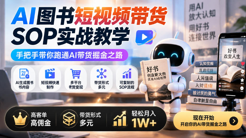 AI图书短视频带货SOP实战教学，手把手带你跑通AI带货掘金之路，高客单高佣金，带货形式多元，轻松月入1W+-翌晨科技网