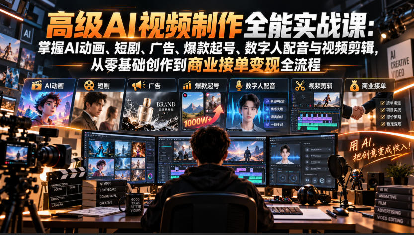 高级AI视频制作全能实战课：掌握AI动画、短剧、广告、爆款起号、数字人配音与视频剪辑，从零基础创作到商业接单变现全流程-翌晨科技网