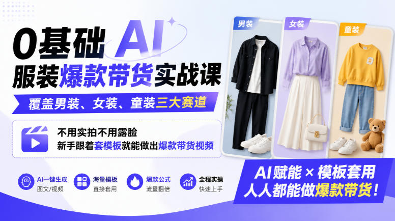 0基础AI服装爆款带货实战课｜覆盖男装、女装、童装三大赛道，不用实拍不用露脸，新手跟着套模板就能做出爆款带货视频-翌晨科技网