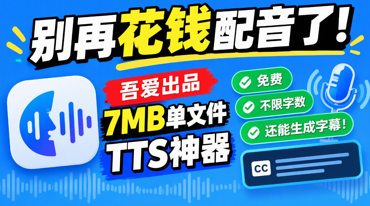 别再花钱配音了!吾爱出品7MB单文件TTS神器,免费不限字数还能生成字幕!-翌晨科技网