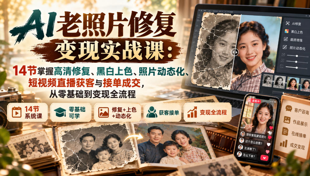 AI老照片修复变现实战课：14节掌握高清修复、黑白上色、照片动态化、短视频直播获客与接单成交，从零基础到变现全流程-翌晨科技网