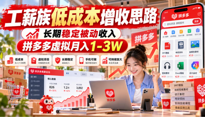 工薪族低成本增收思路，长期稳定被动收入，拼多多虚拟月入1-3W-翌晨科技网