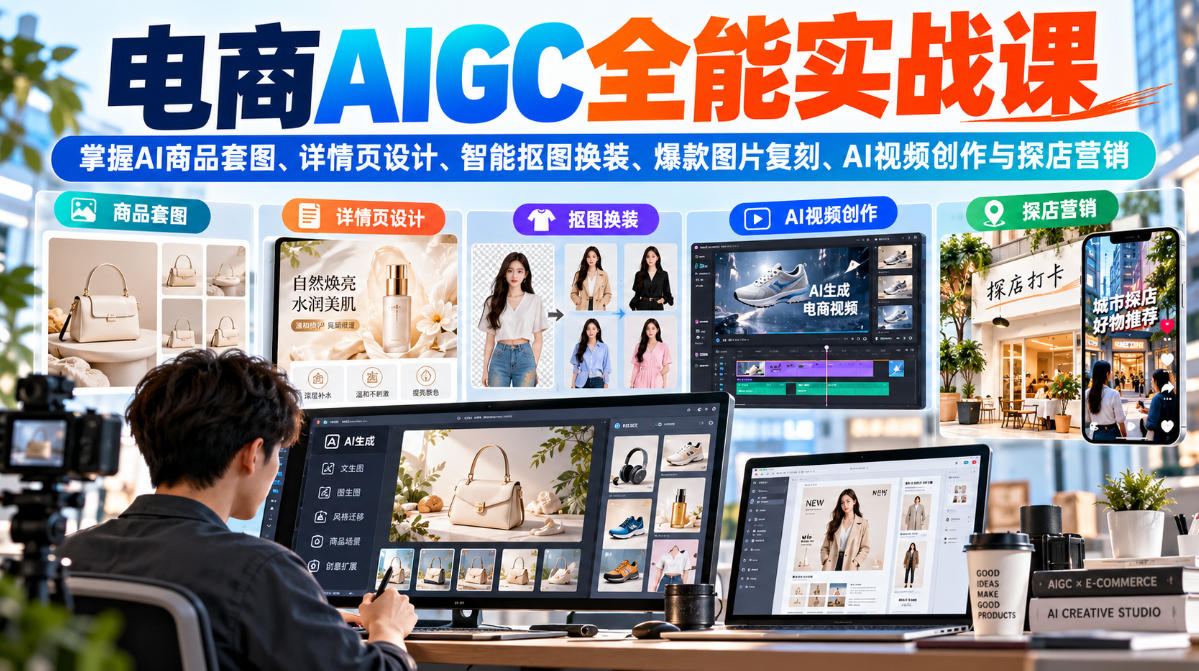 电商AIGC全能实战课：掌握AI商品套图、详情页设计、智能抠图换装、爆款图片复刻、AI视频创作与探店营销-翌晨科技网