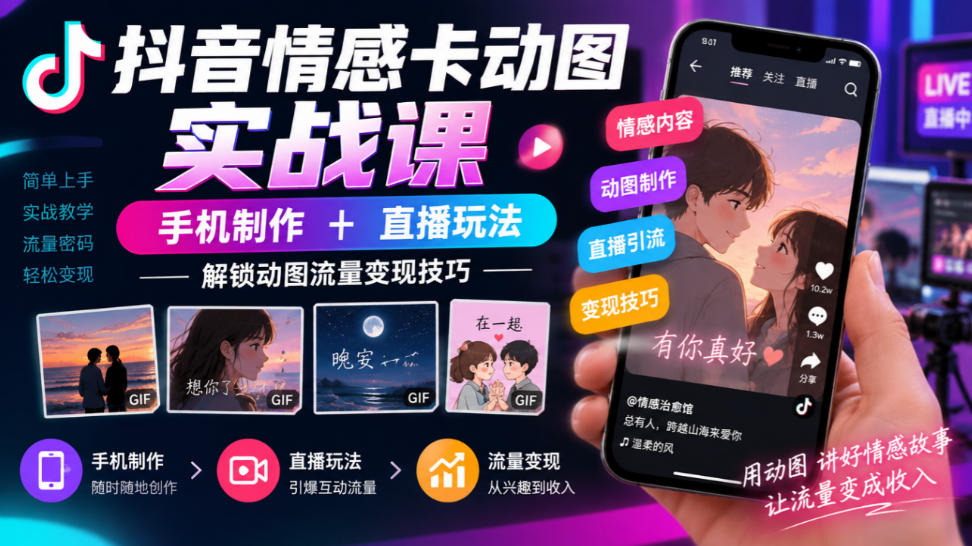 抖音情感卡动图实战课｜手机制作+直播玩法，解锁动图流量变现技巧-翌晨科技网